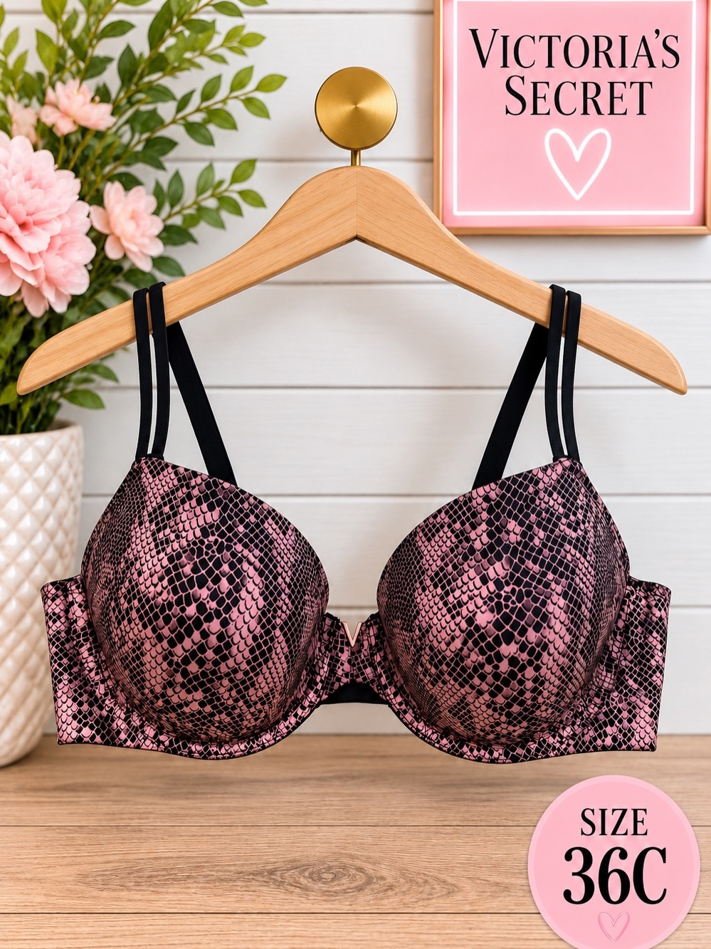 🩷 Victoria’s Secret Pink Black Snakeskin Lightly Lined Underwire Bra 36C